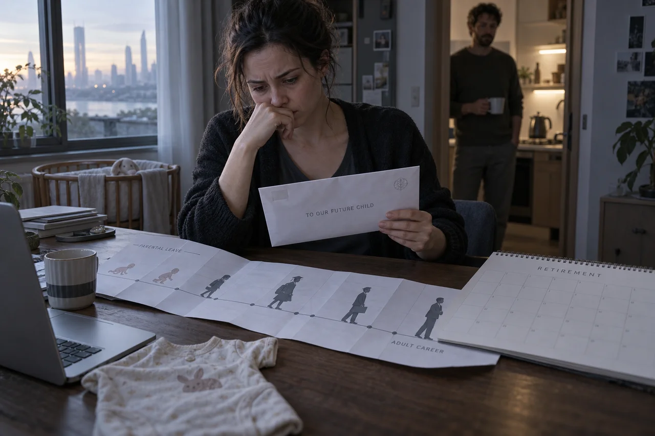 A payroll analyst studies a future-child benefits envelope beside a long career and retirement timeline.