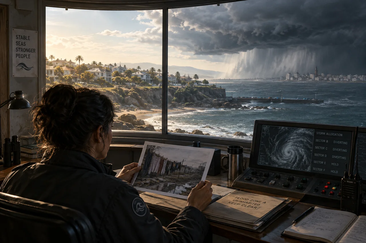 A coastal scheduler compares a settlement photograph with a storm diverted away from the protected shore.