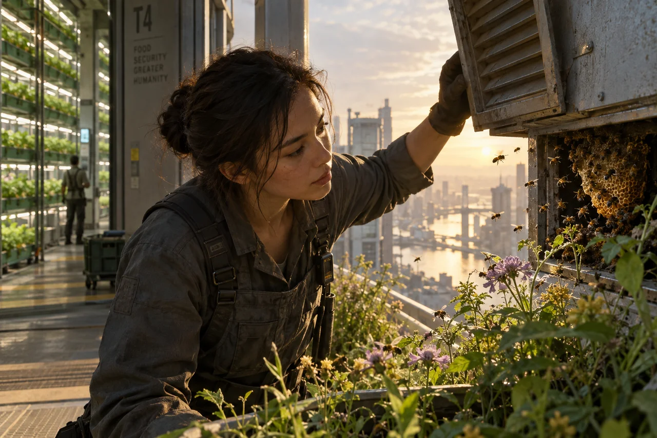 A route keeper finds wild bees and flowers beside a regulated food tower’s ventilation hatch.
