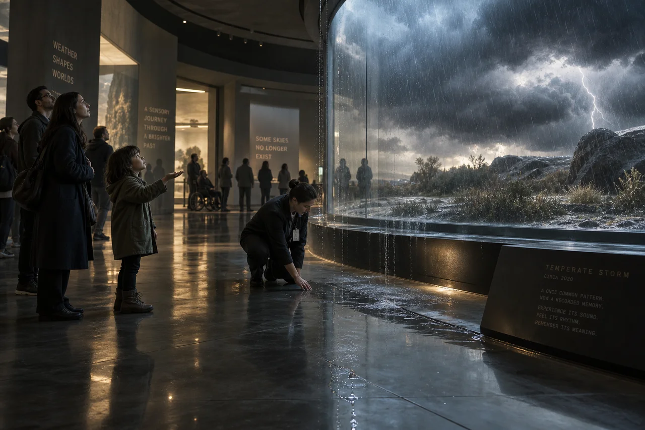 A curator examines water escaping a museum storm exhibit while a child reaches toward the rain.