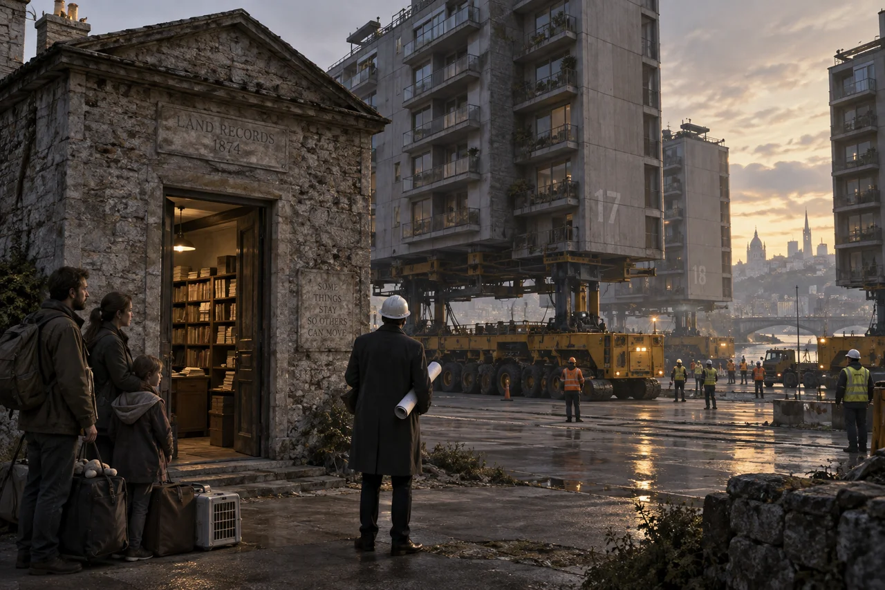 An architect and displaced family wait beside an old records room as nearby buildings move on transport platforms.