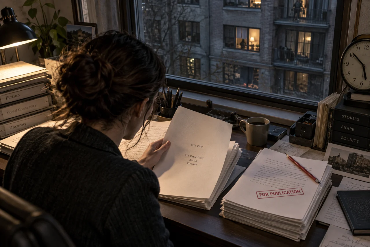 A story editor reads a compulsory ending while looking toward the real apartment it identifies.