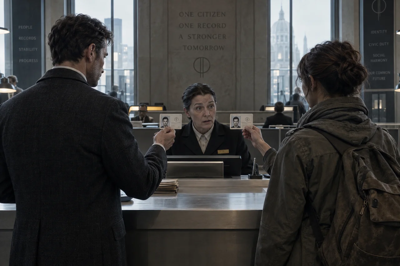 Two adults present matching identity records to a surprised registry clerk.