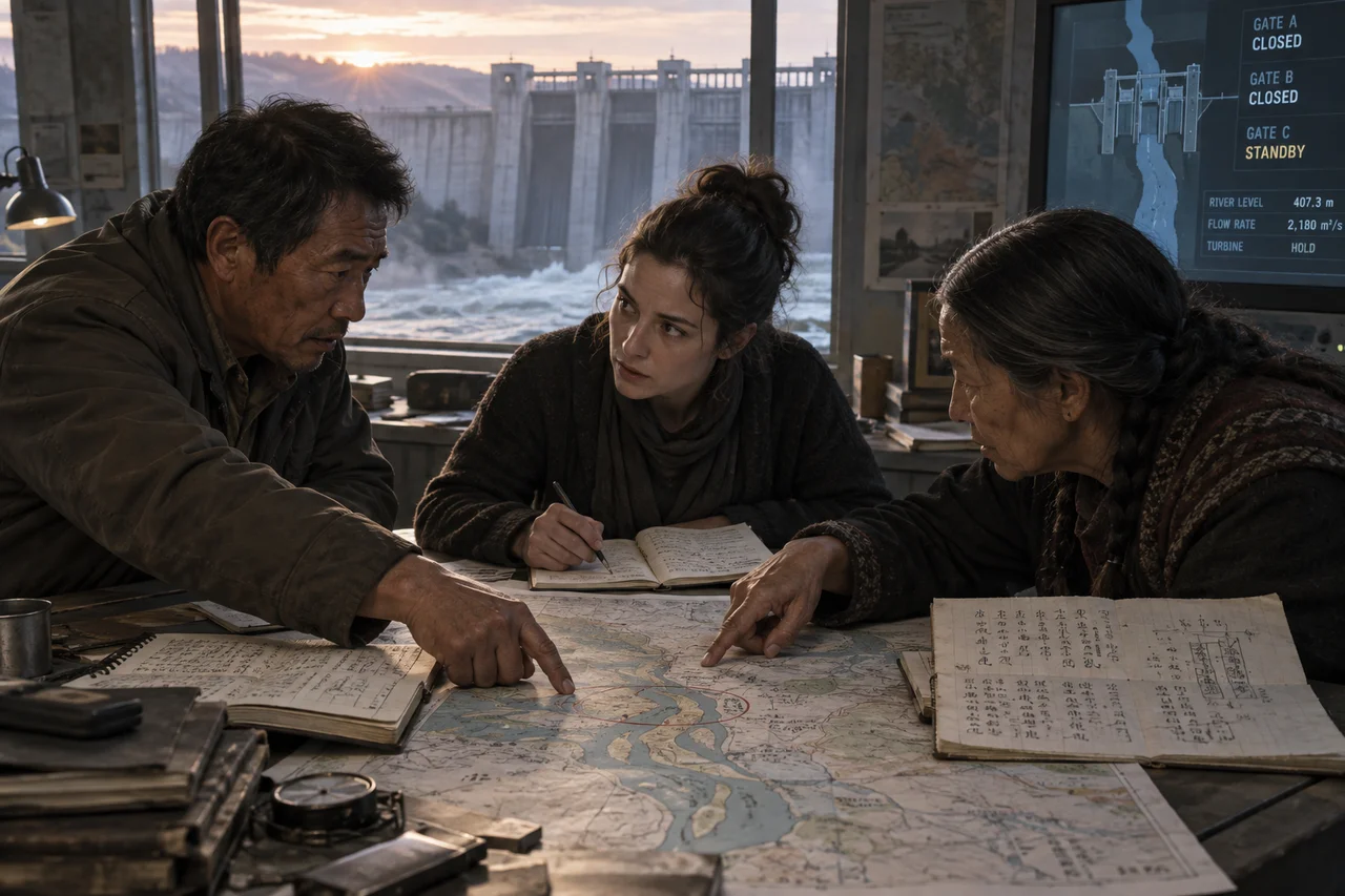 A translator and two community speakers compare handwritten notes and an infrastructure map near a floodgate.