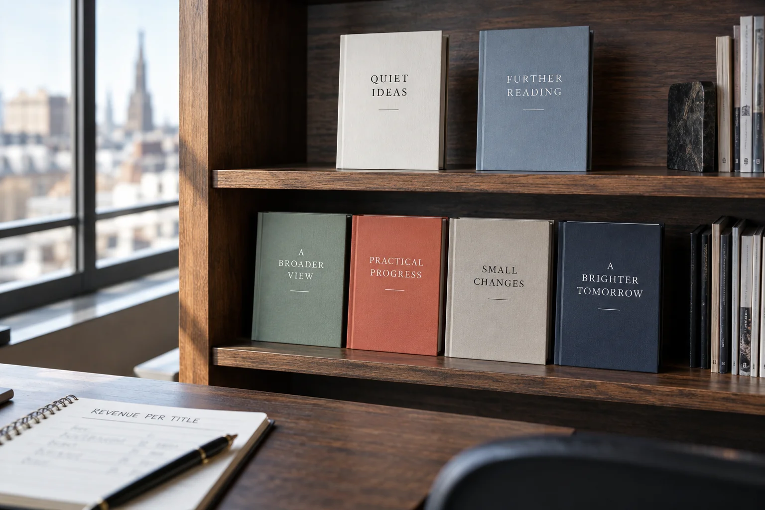 Two books on an upper shelf and four books below sit beside an open notebook.