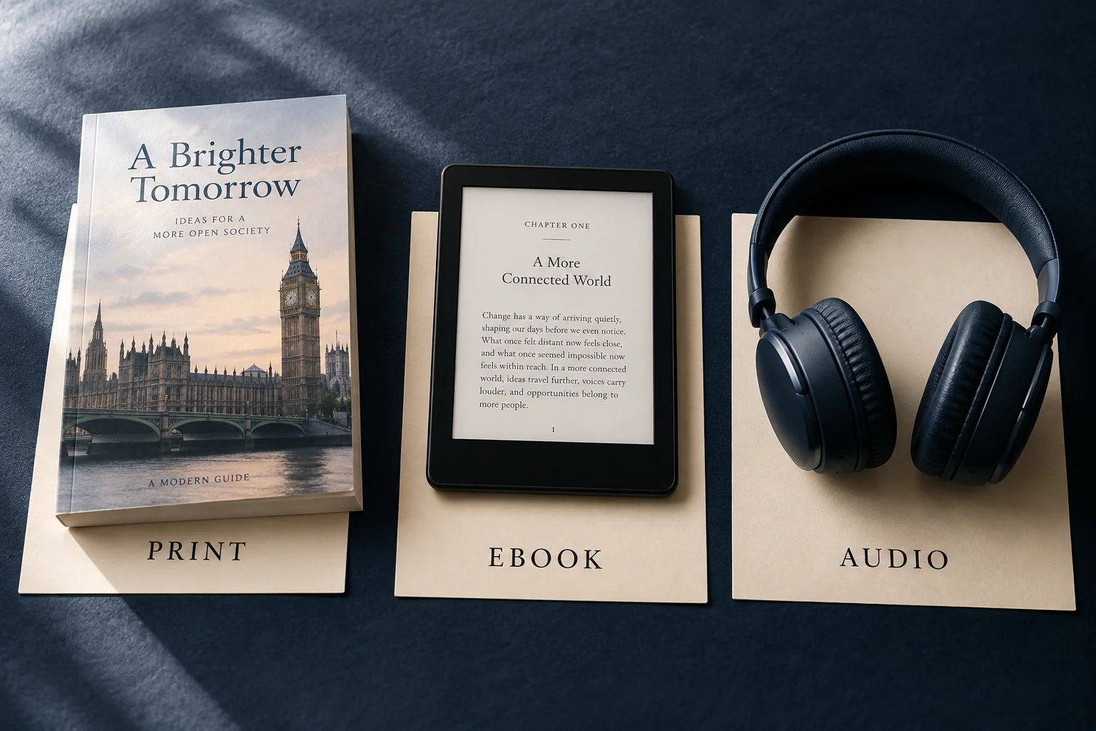 Print book, e-reader and headphones representing three publishing formats