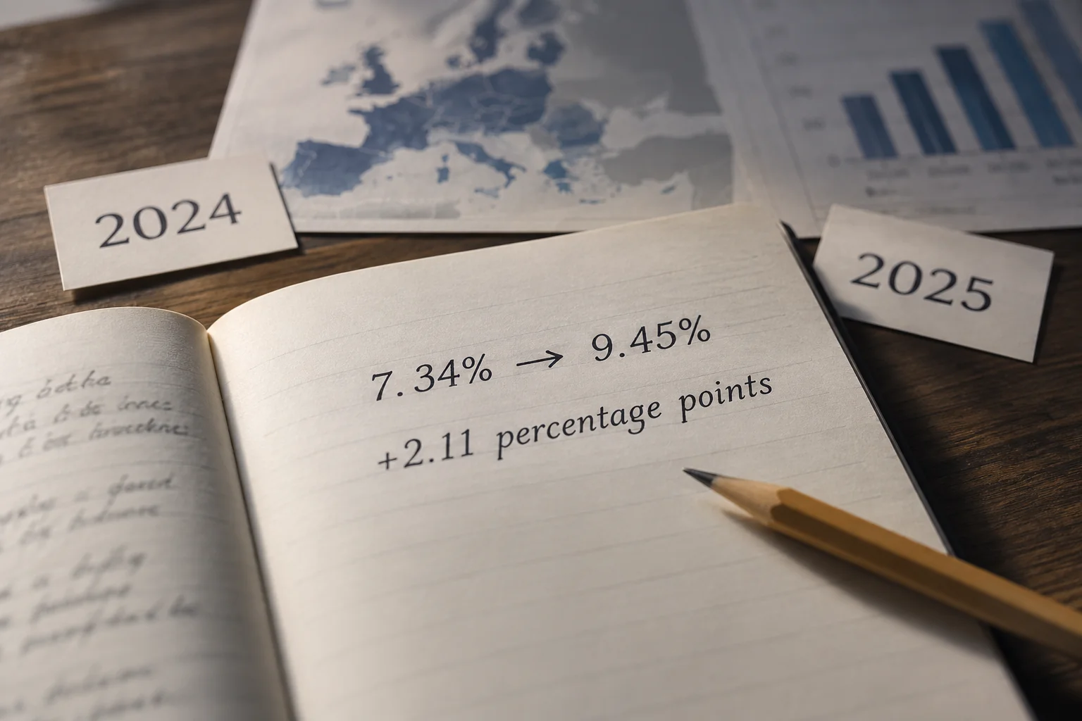 Notebook showing a rise from 7.34% to 9.45%, or 2.11 percentage points