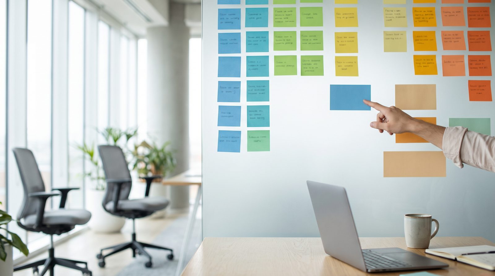 Comparison chart laid out on an office wall with cards representing different writing tools