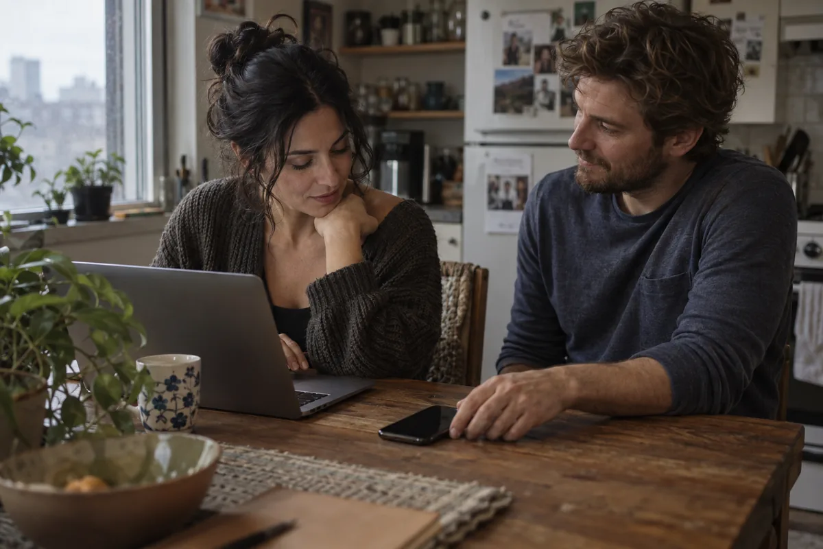 A man slides his phone toward a friend seated at an open laptop at a kitchen table.