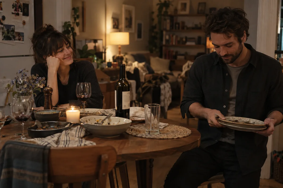 A woman smiles across the dinner table while her friend looks down and gathers the empty plates.