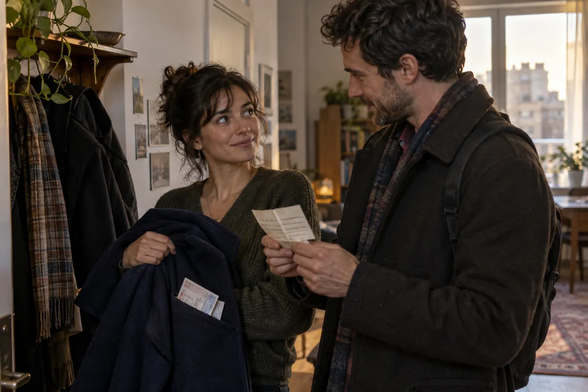 Two friends examine a travel note found in a borrowed navy coat beside an apartment coat rack.