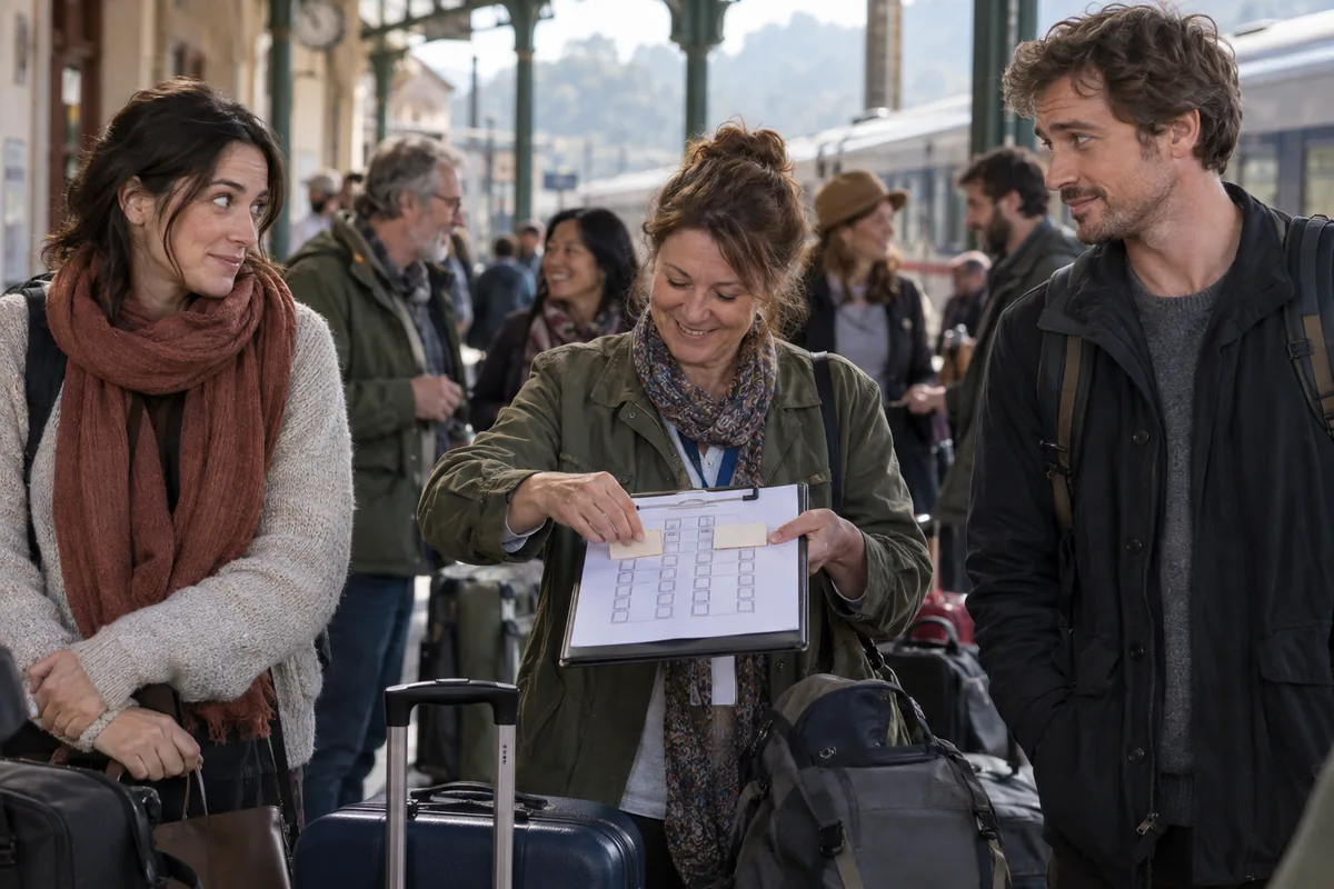 Two friends exchange a glance while a trip organizer points to a seating chart among travelers and luggage.