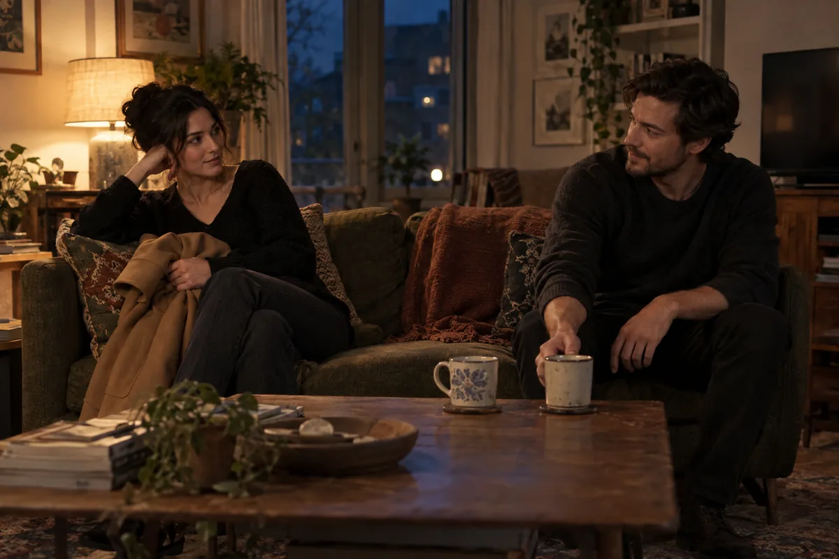 Two friends sit apart on a sofa, one holding a coat while the other reaches toward a mug.