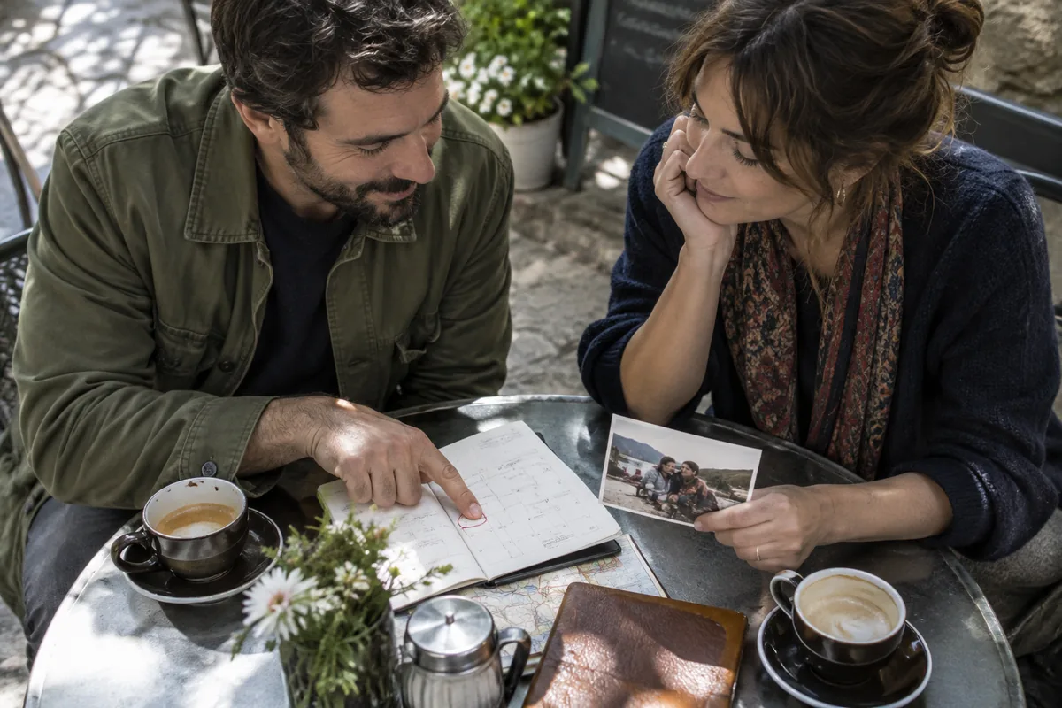 Two friends compare a calendar date and an old photograph over coffee at an outdoor table.