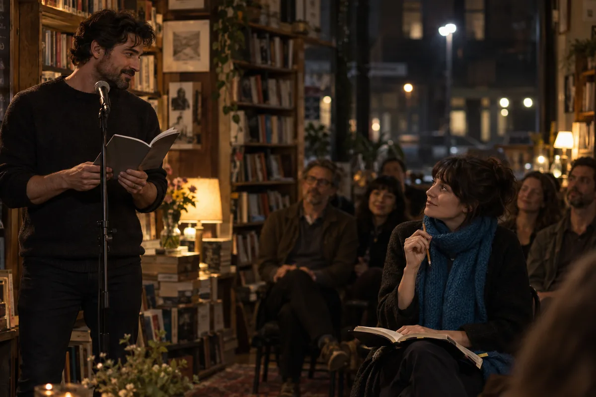 A poet at a bookstore microphone looks toward a woman in a blue scarf holding an annotated book.
