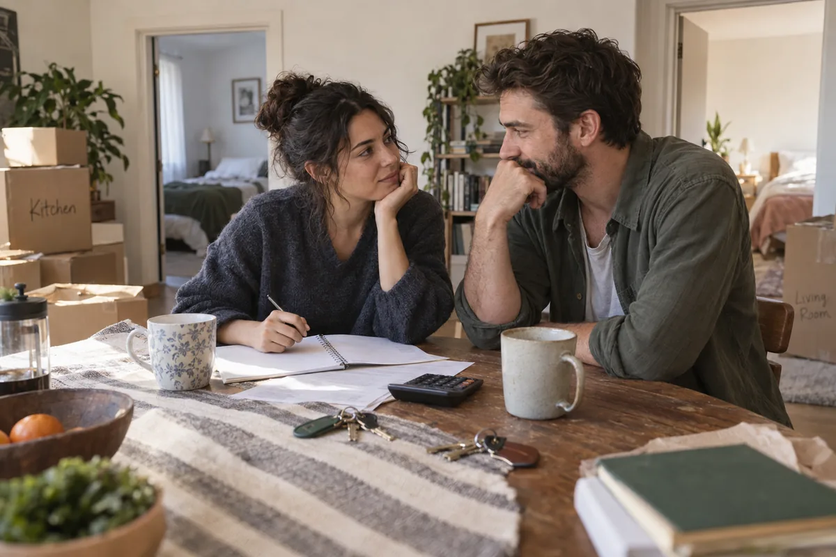 Two friends discuss papers beside keys and a calculator in an apartment surrounded by moving boxes.