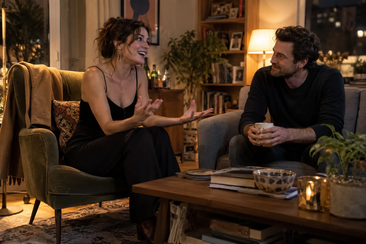 A woman talks animatedly from an armchair while her friend listens from the sofa holding a mug.
