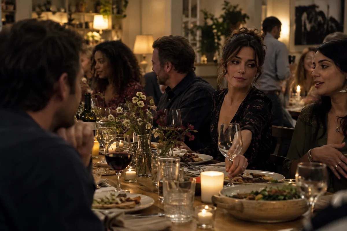 At a crowded dinner, a woman moves a spare glass while looking toward a friend seated across the table.