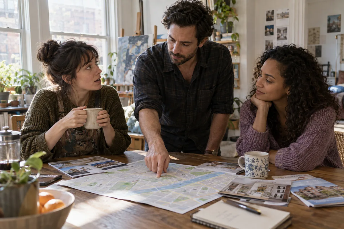 A man points to a neighborhood map while his artist friend and partner listen beside moving brochures.