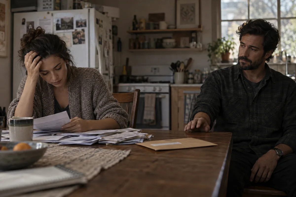 A woman studies a letter amid scattered papers while her friend sits back and gives her space.