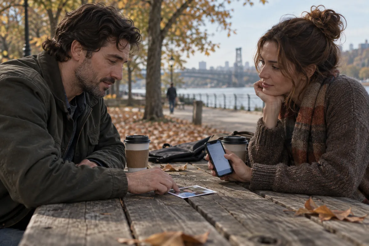 Two friends revisit a riverside picnic table, comparing an old photograph with a saved phone message.