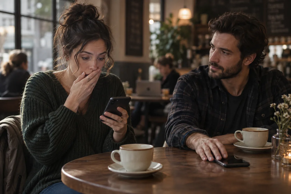 A woman reacts to a message on her phone while her friend rests his own phone face down on the cafe table.