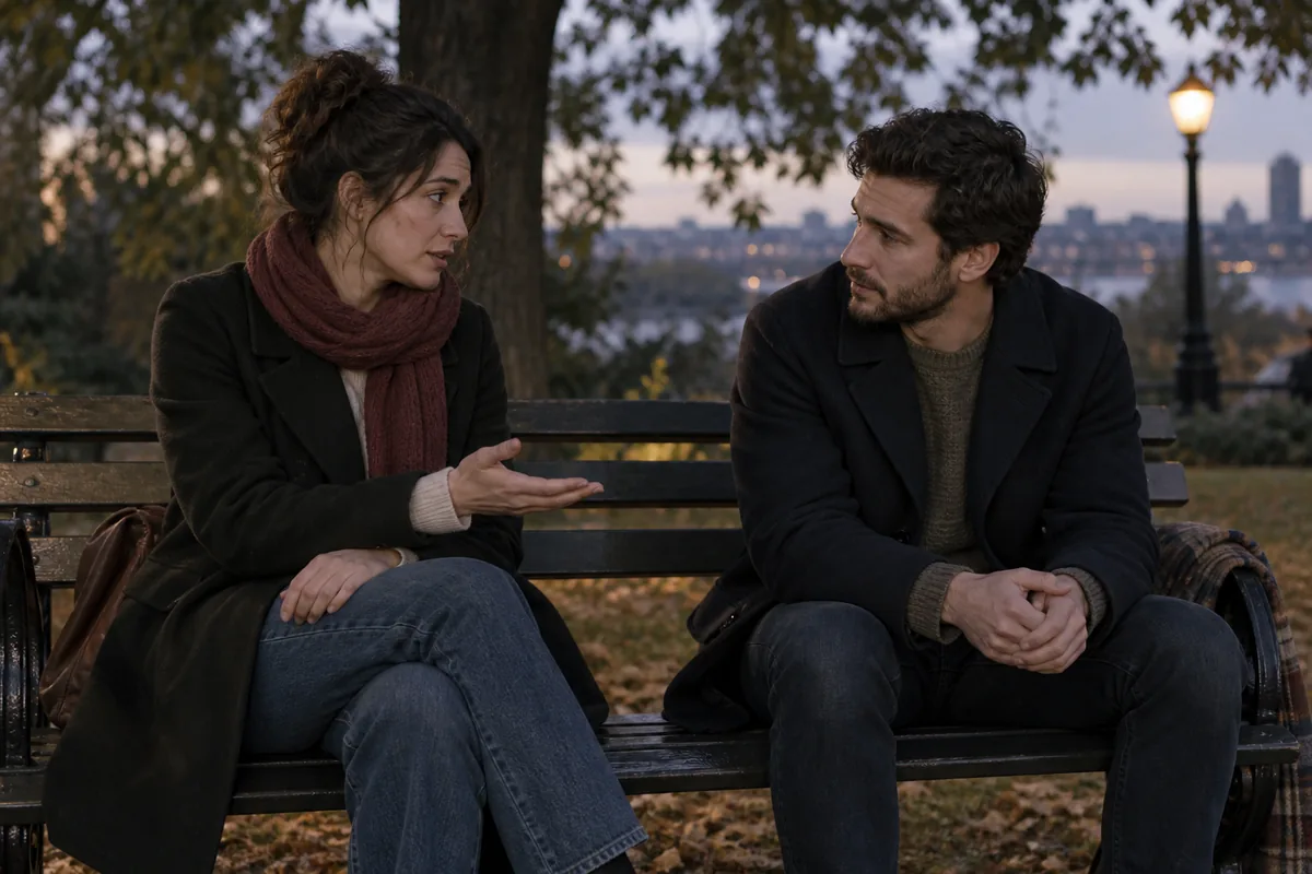 Two friends talk on a park bench, leaving space between them as one explains with an open palm.