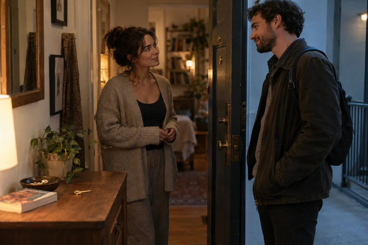 Two friends talk across an apartment doorway beside a brass key and a returned book on the hall table.