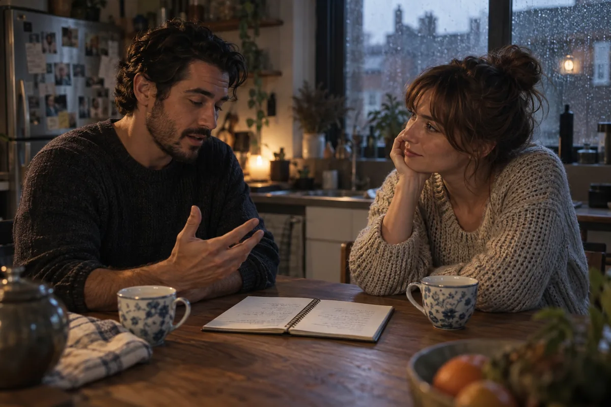 Two friends listen and explain across a kitchen table with an open notebook and two mugs.
