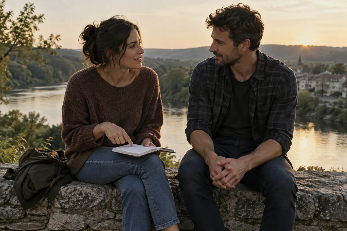 Two friends sit on a riverside wall discussing plans, with a small open calendar on one person’s lap.