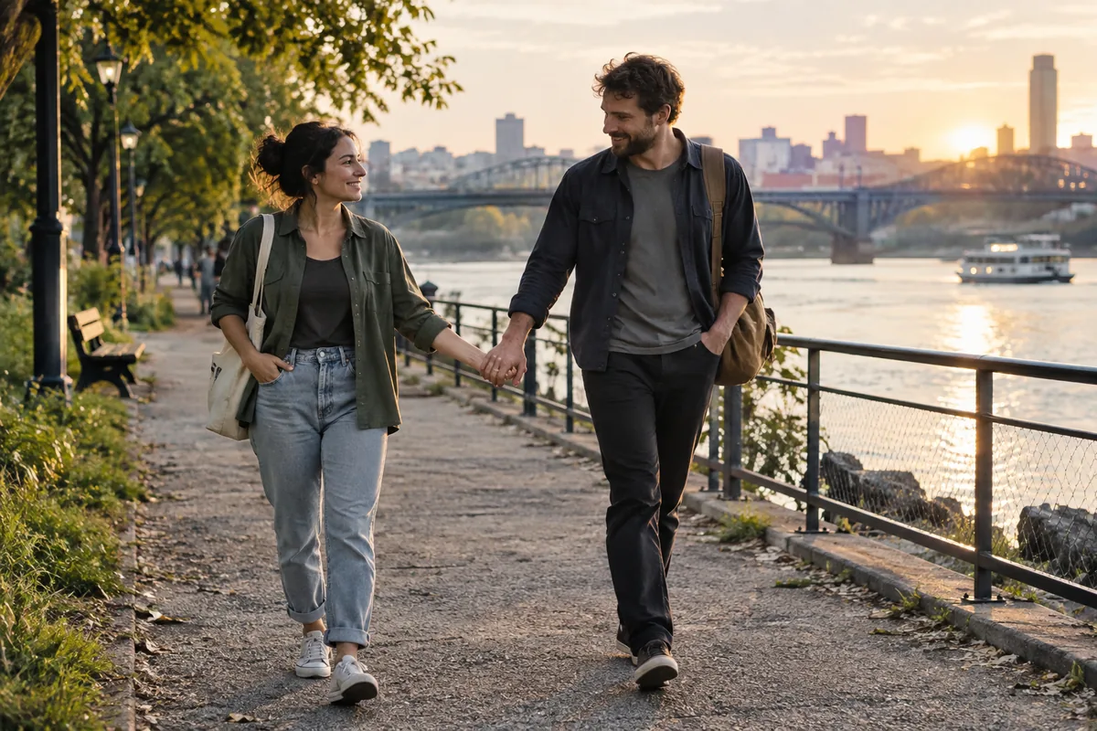Two friends smile and hold hands while walking together along a sunlit riverside path.