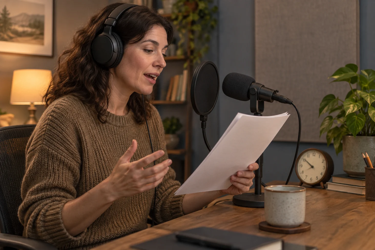 An adult narrator reads manuscript pages into a microphone in a quiet recording space.