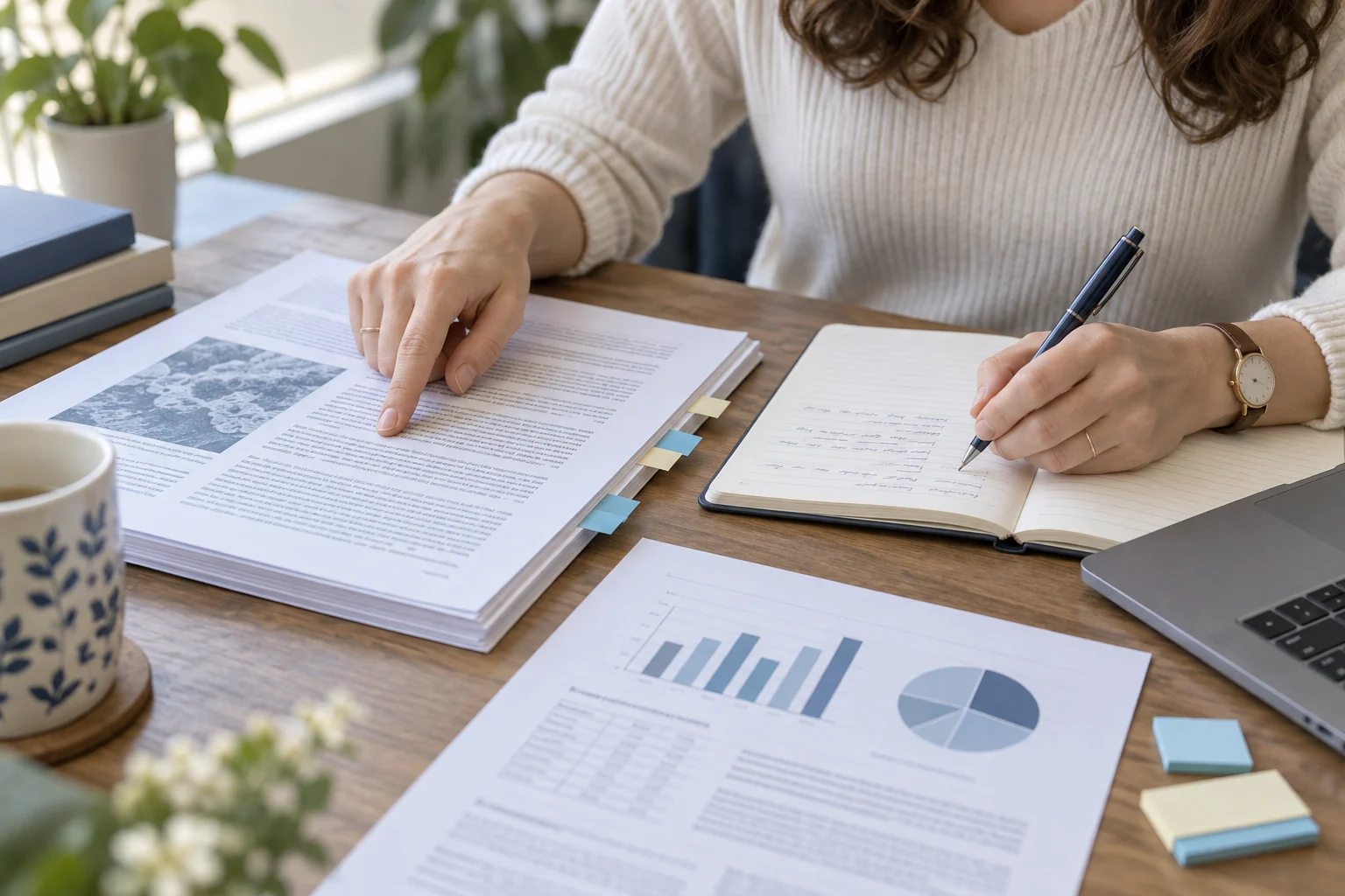 A reader compares a report with a chart and writes notes in a notebook.