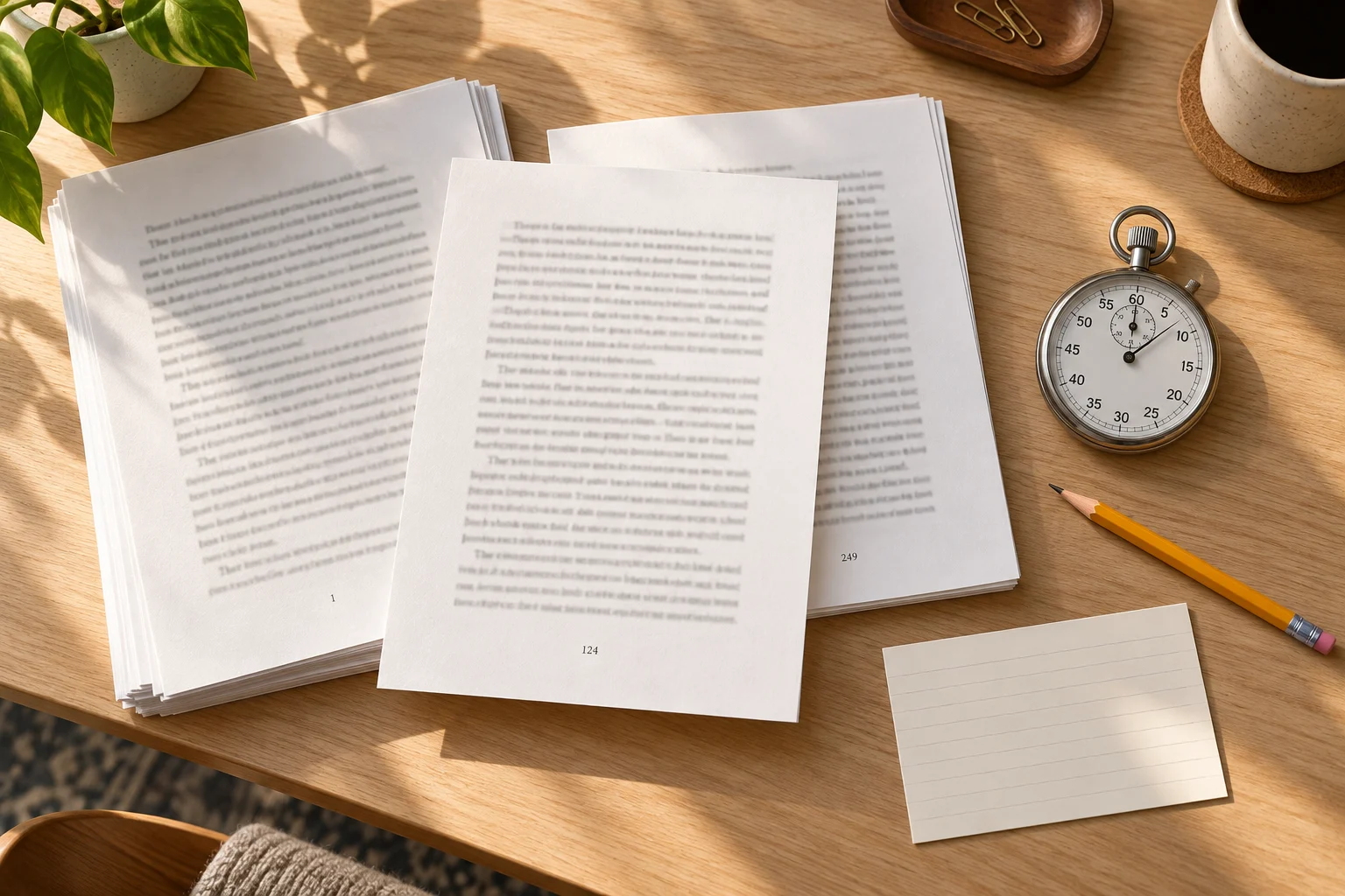 A selected manuscript page beside a stopwatch and a blank note card.