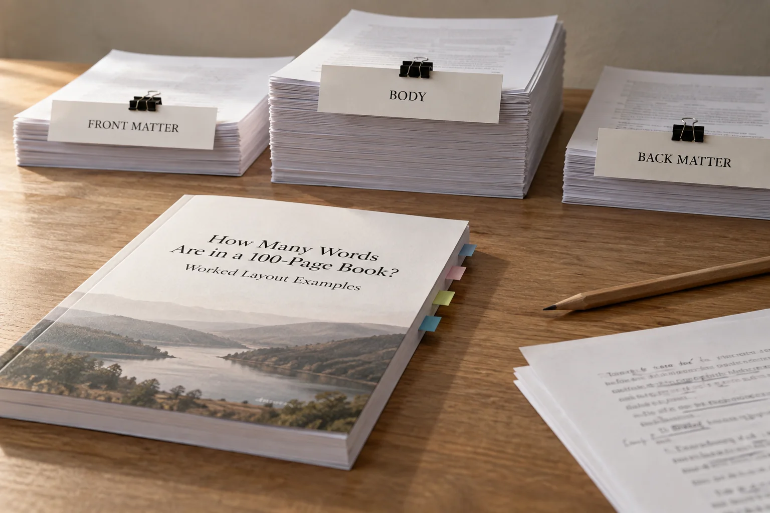 Book proof and paper stacks for front matter, body and back matter
