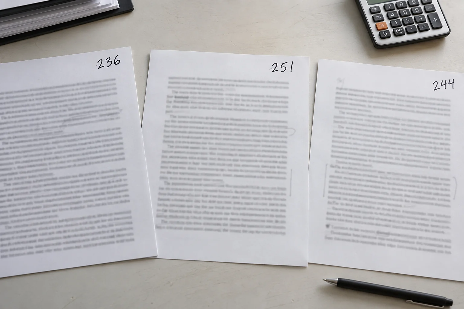 Three proof pages marked with word counts of 236, 251 and 244
