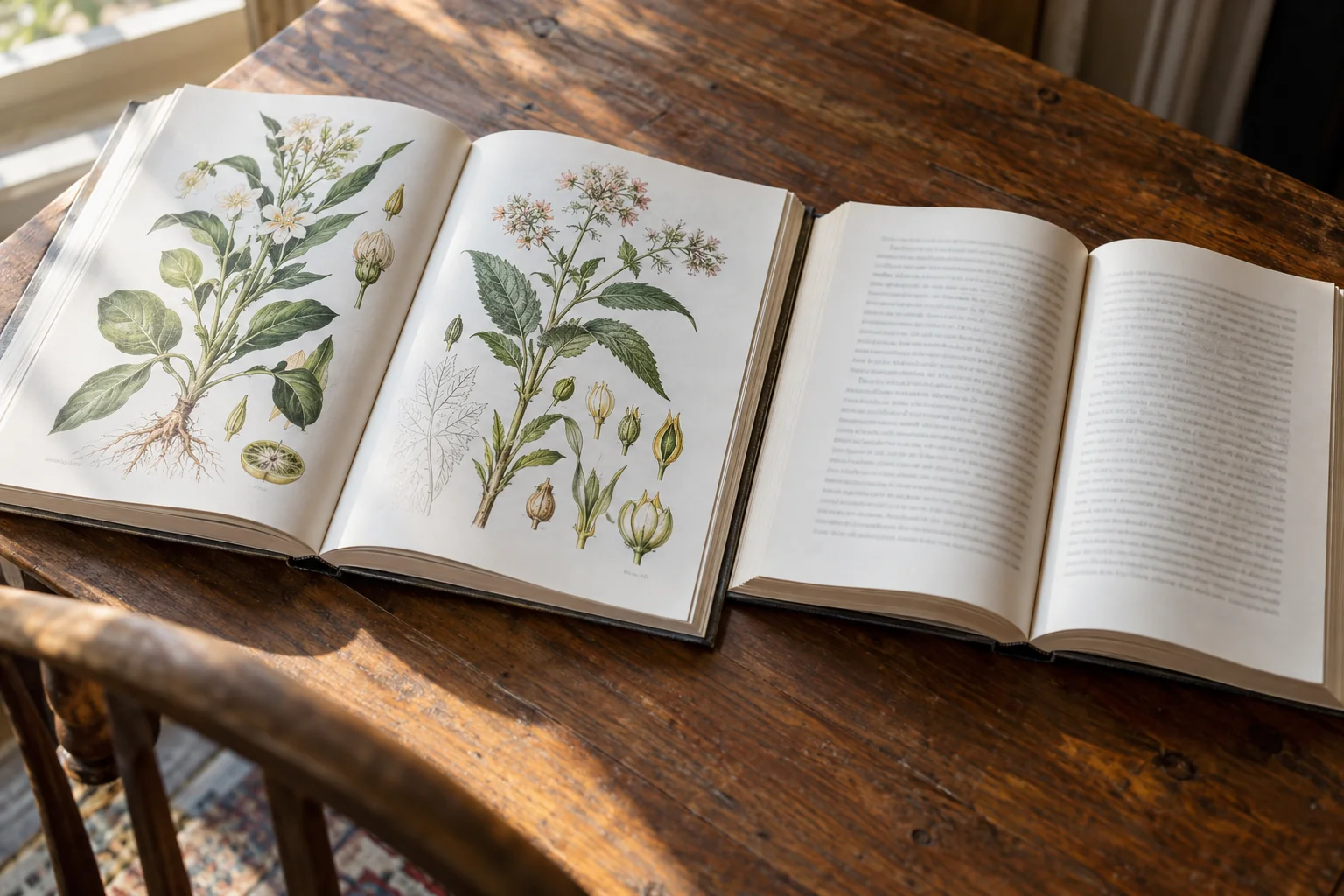 Illustrated botanical spread beside a prose-only book