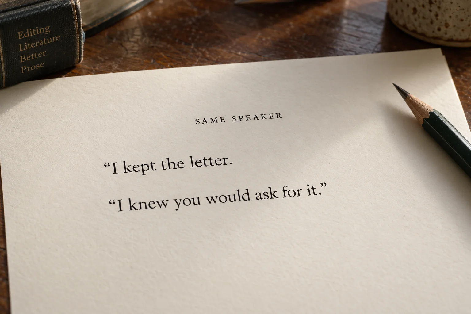 Multi-paragraph speech proof with quotation marks and a same-speaker note