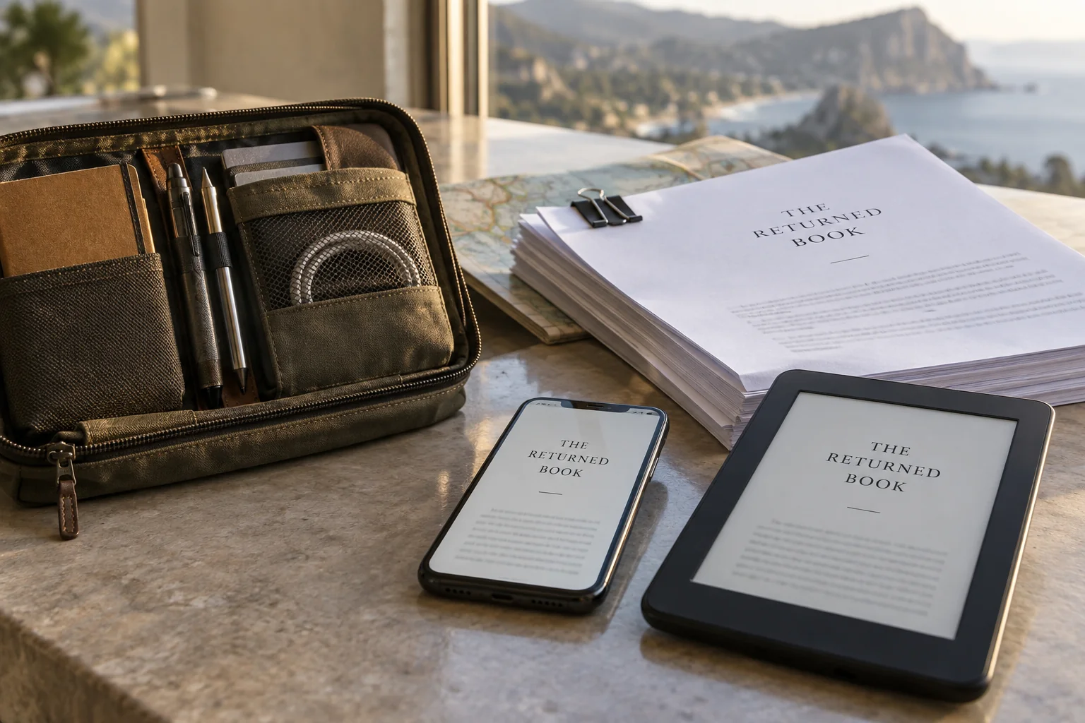 Phone and e-reader displaying The Returned Book beside printed proofs