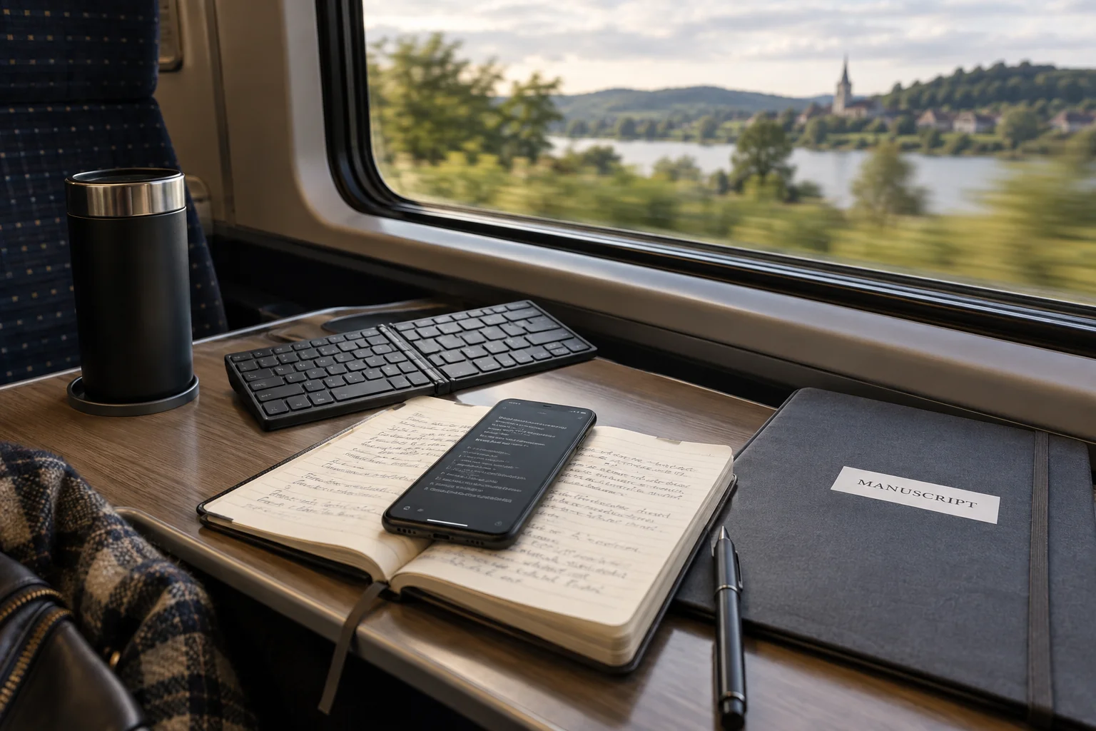 Phone, chapter notebook and folding keyboard on a train table