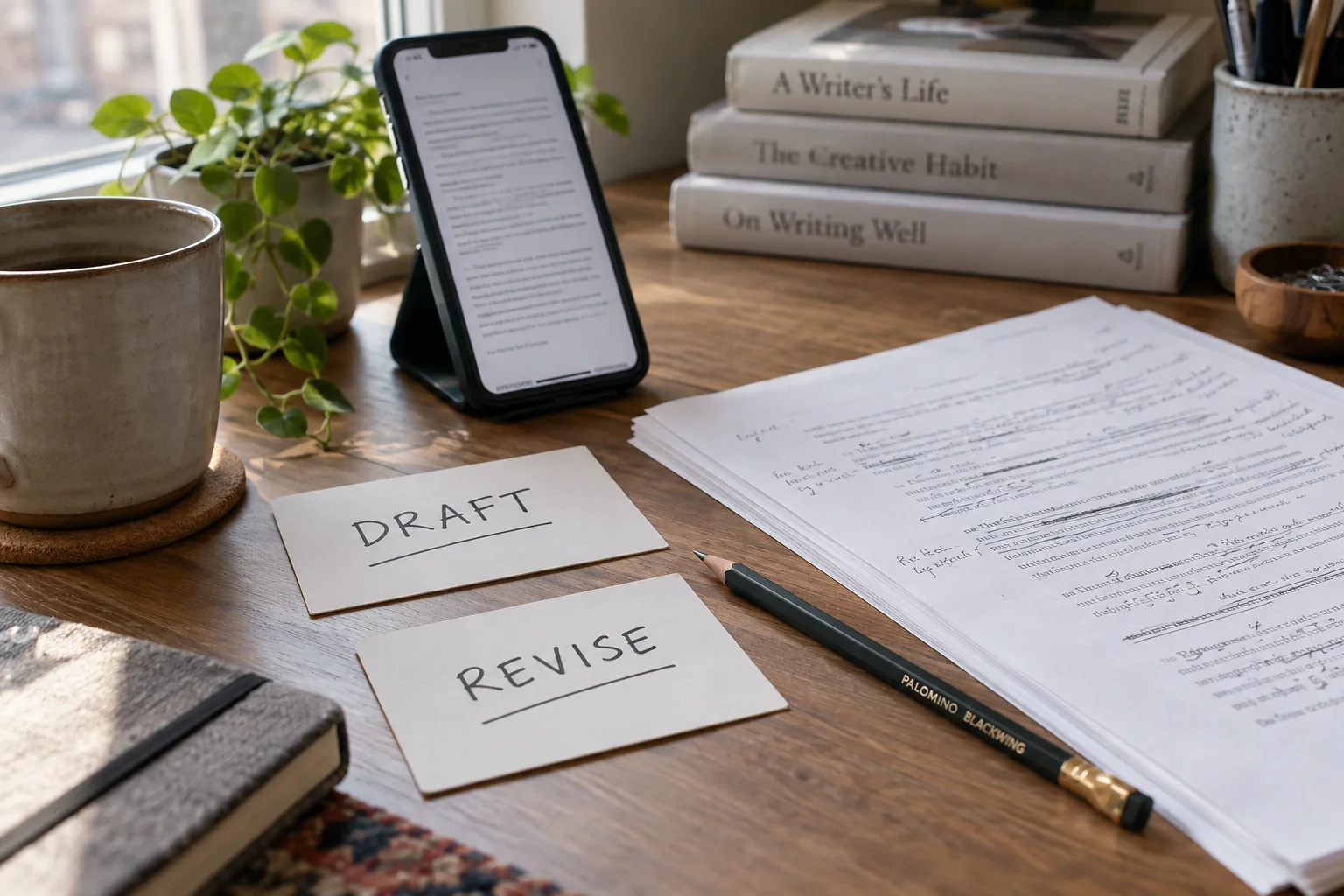 Phone beside an edited manuscript and chapter notes