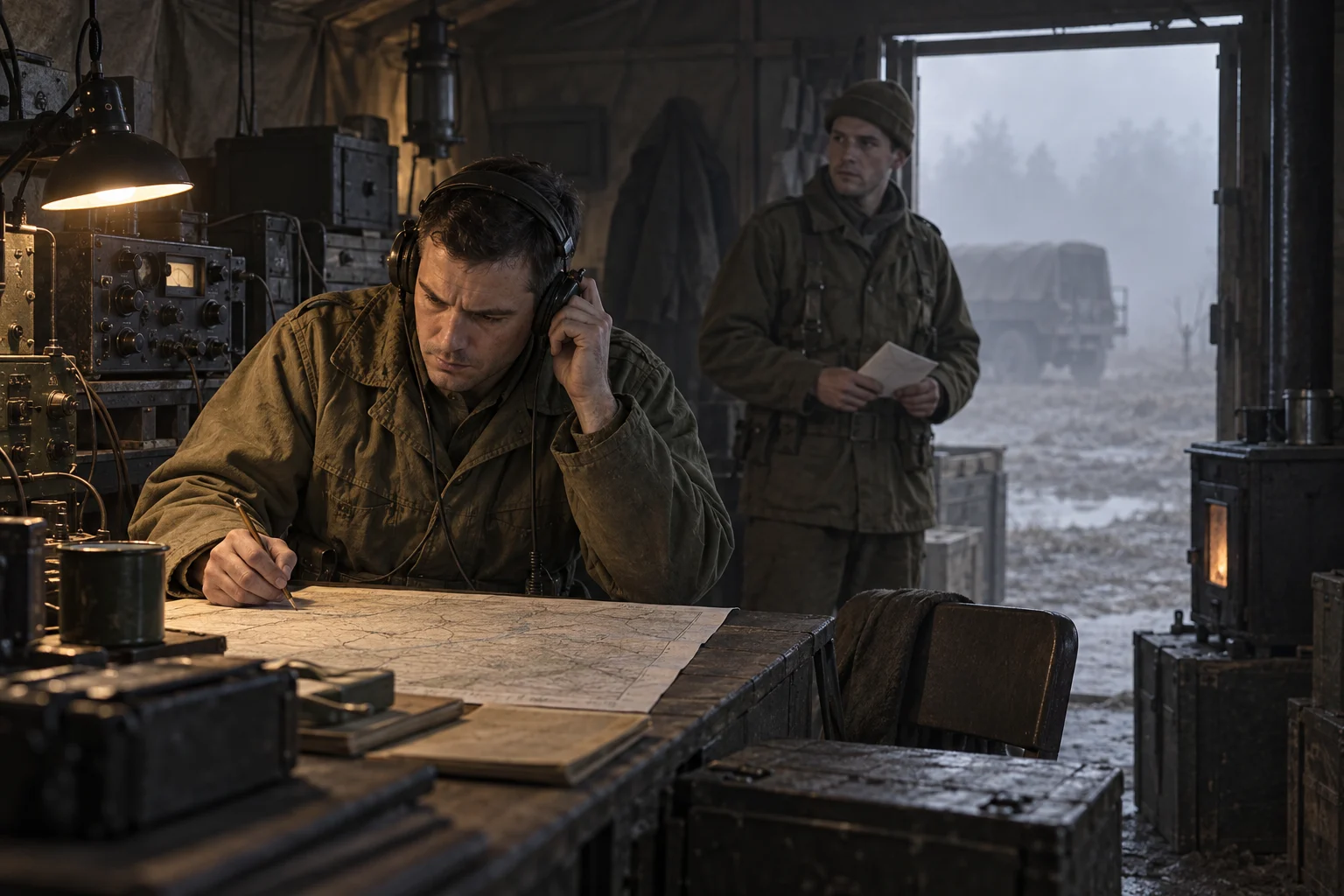 An operator listens at a radio while a colleague waits with a folded message.