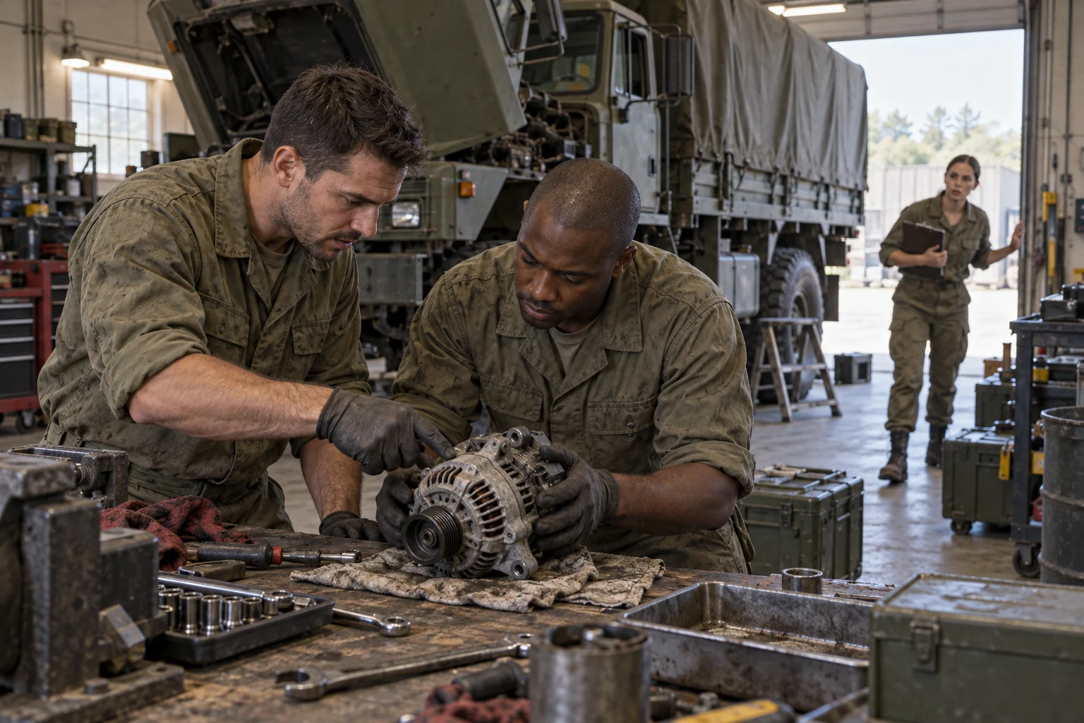Fictional mechanics inspect a vehicle part while a colleague waits with a report.