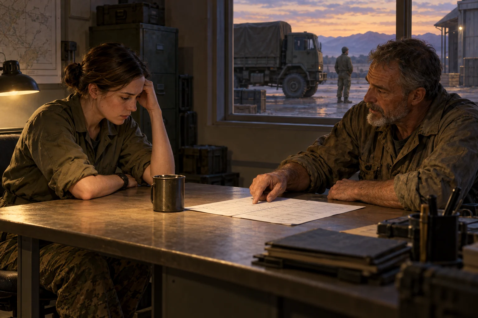 A fictional officer and maintenance specialist discuss a report while a driver waits outside.