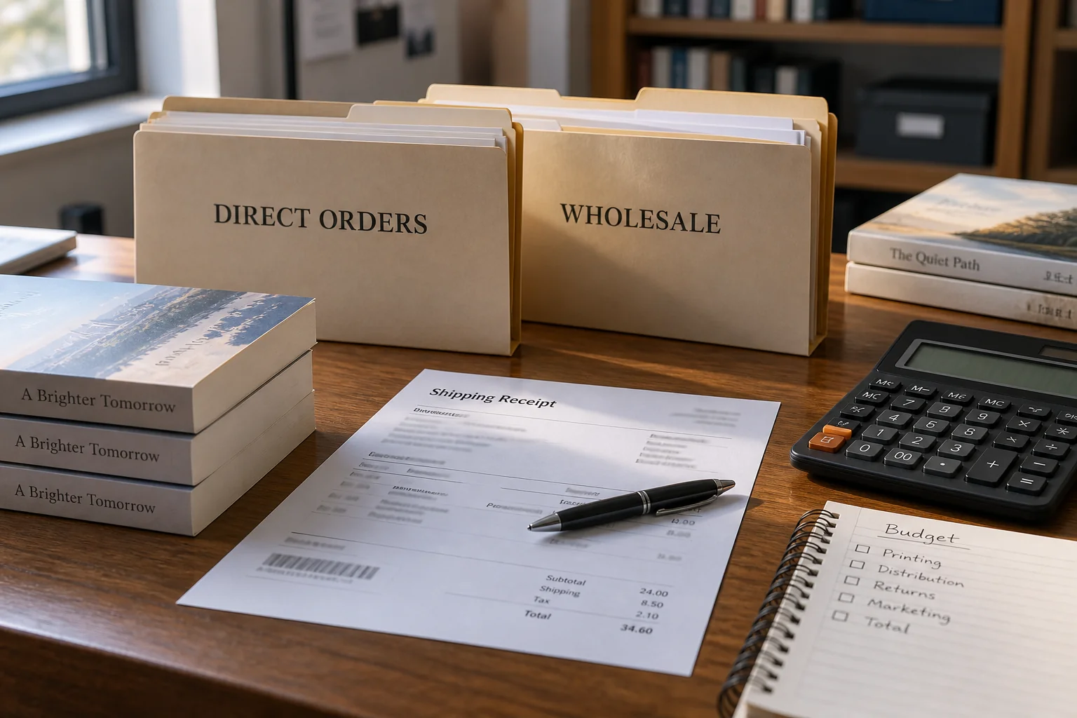Direct-order and wholesale folders on a publisher’s desk