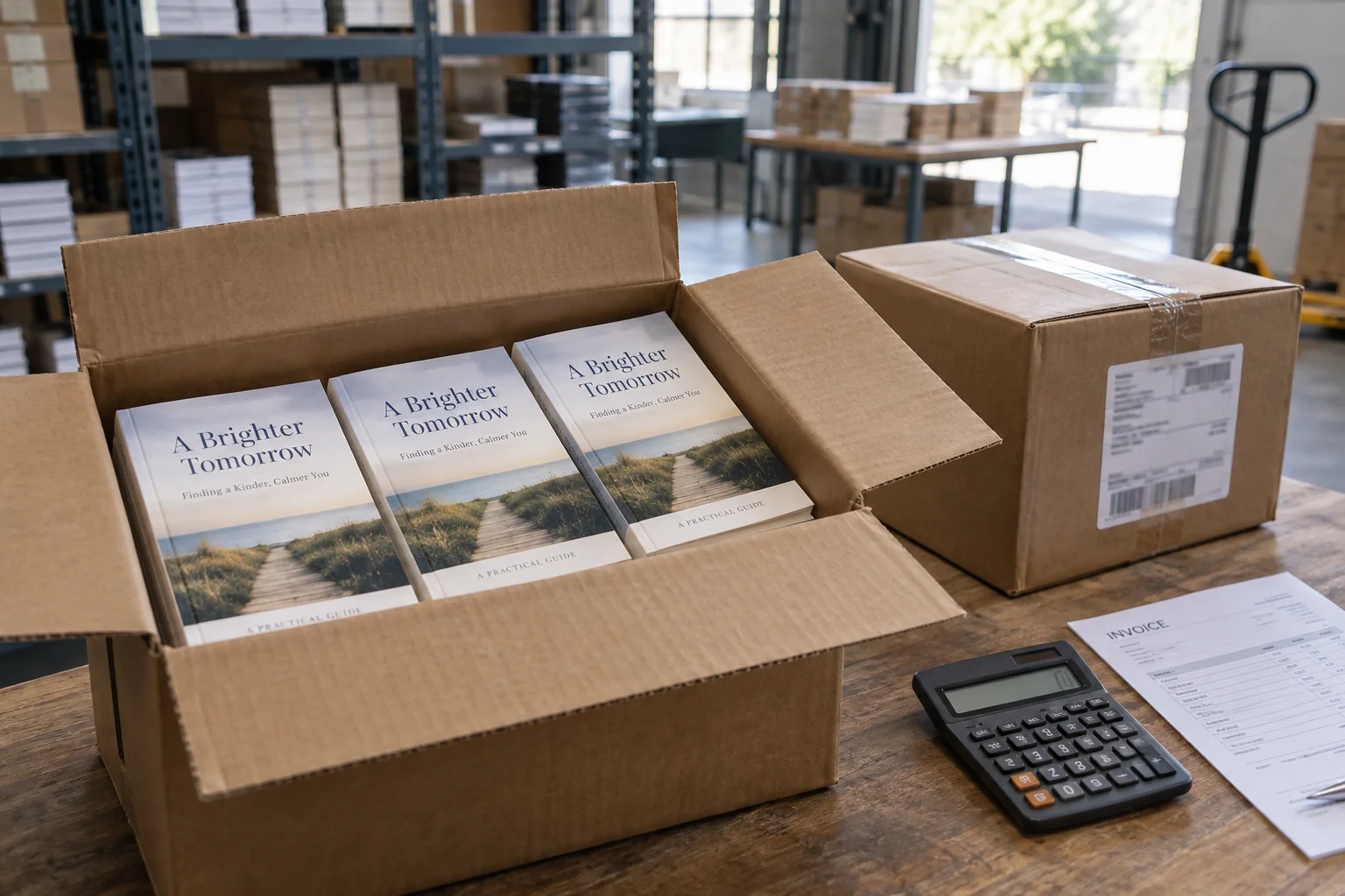 Paperback order unpacked beside a printing invoice