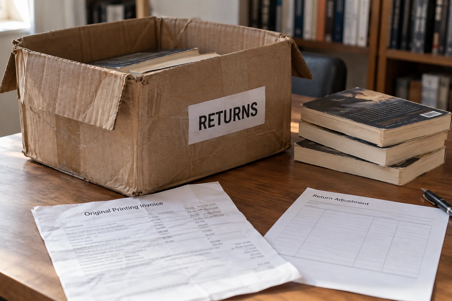 Returned paperbacks beside the original invoice and return adjustment