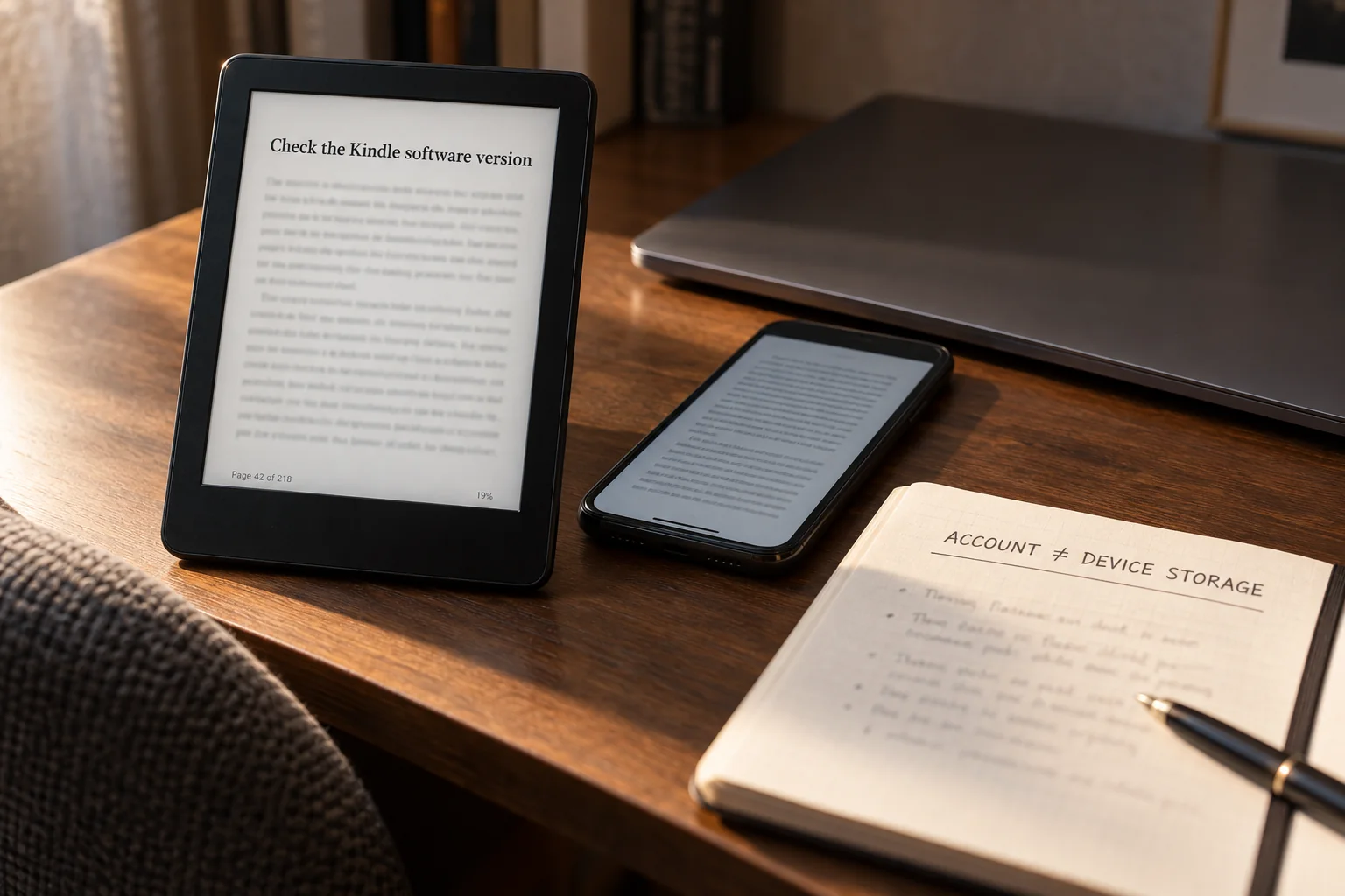 E-reader and notebook distinguishing account library from device storage