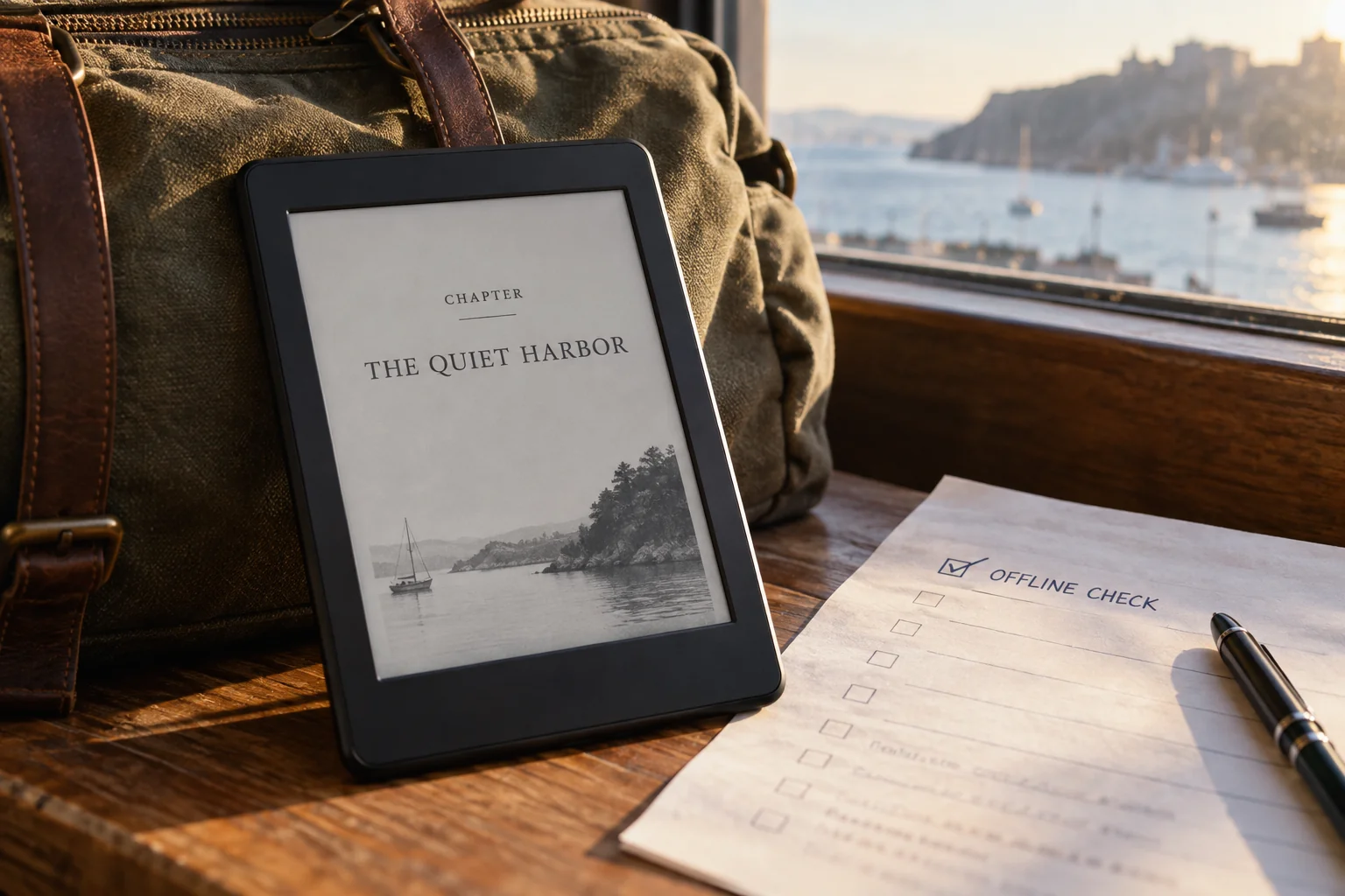E-reader beside an offline-reading checklist