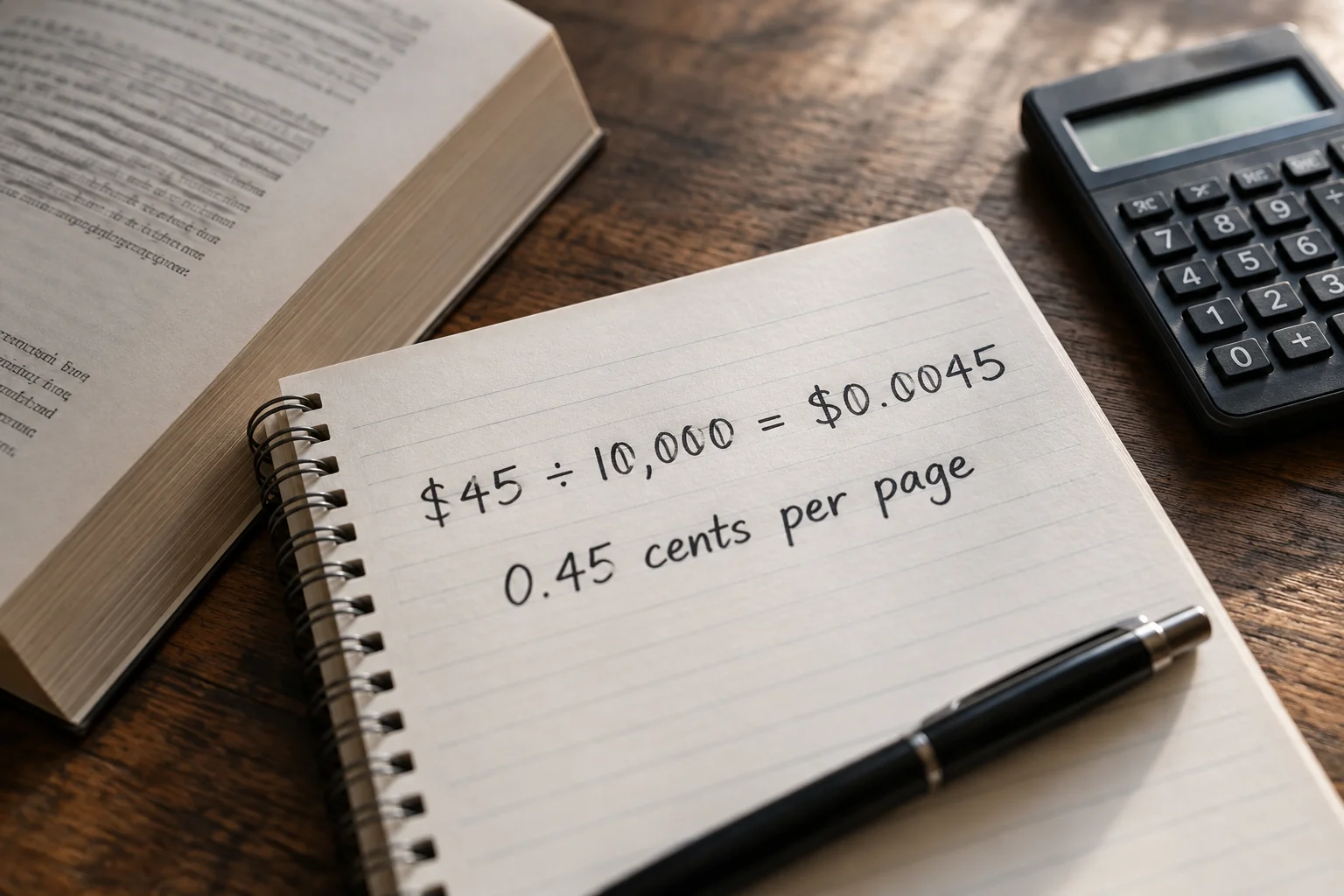 Notebook calculating $45 divided by 10,000 pages as $0.0045 per page